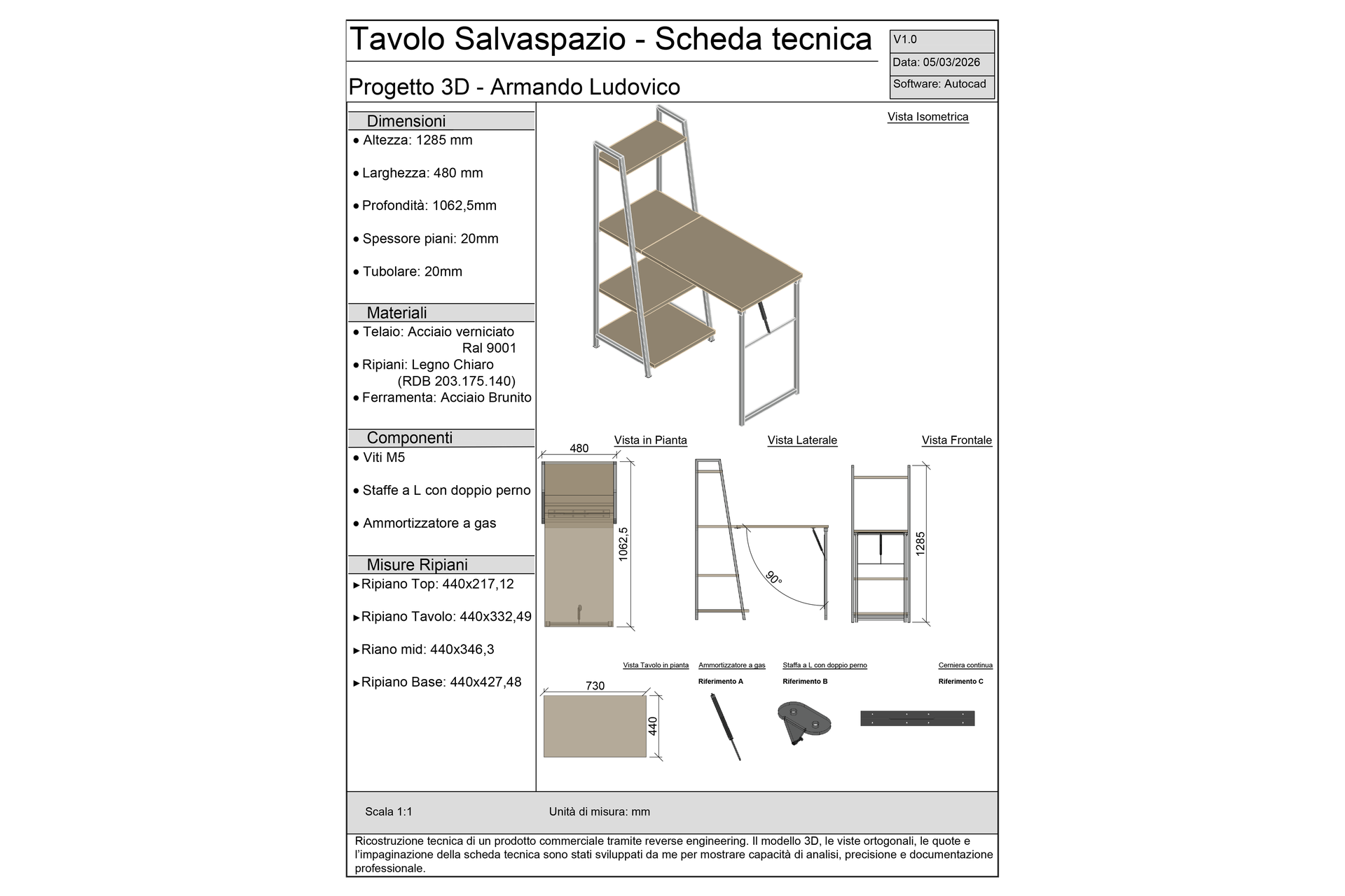 Tavolo Salvaspazio - Scheda Tecnica 3D