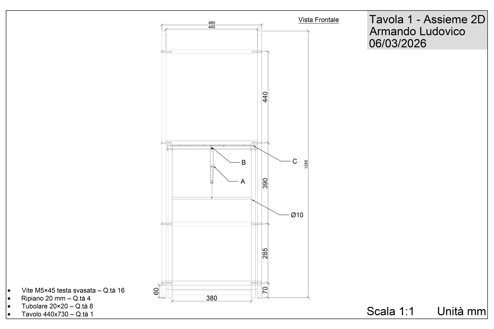 Tavolo Salvaspazio - Assieme 2D Vista Frontale