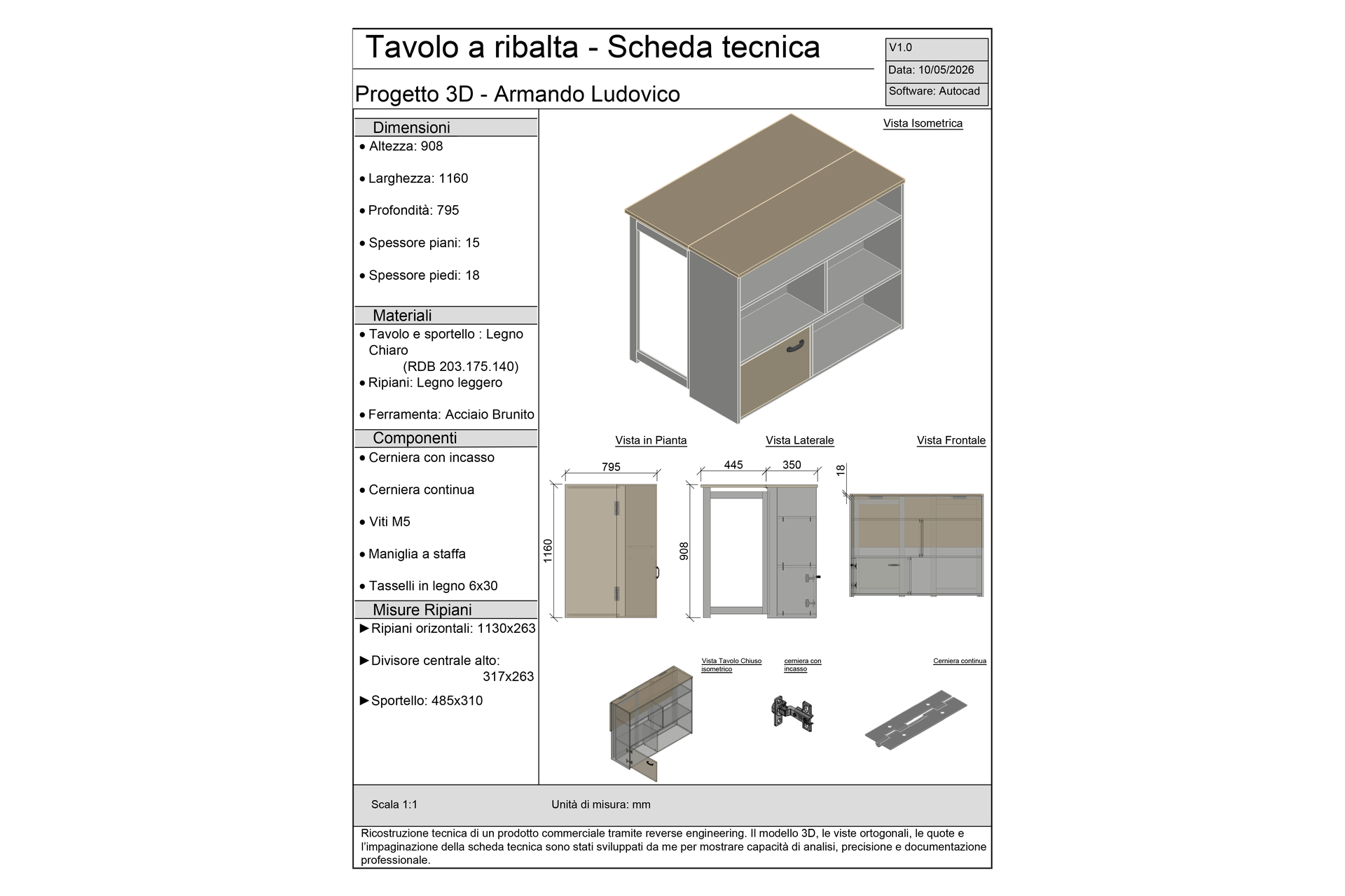 Tavolo a Ribalta - Scheda Tecnica 3D
