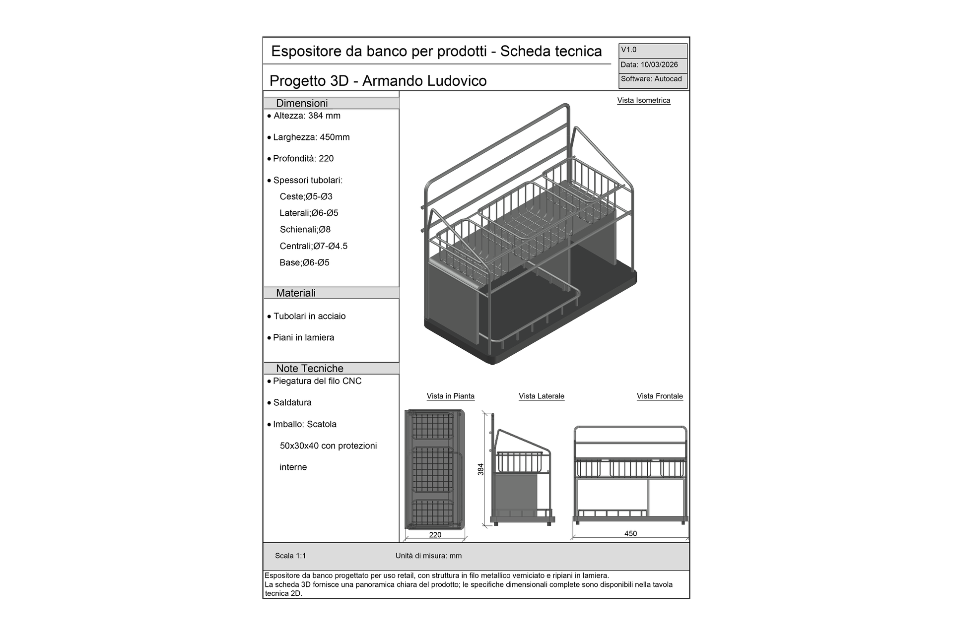 Espositore da Banco - Scheda Tecnica 3D